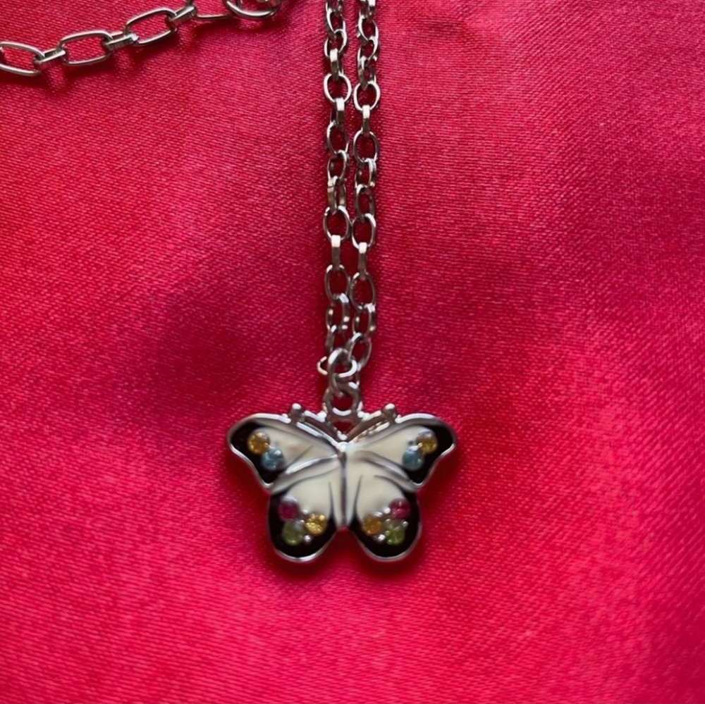 Dark Silver Tone Chain w/ Butterfly Pendant Necklace
